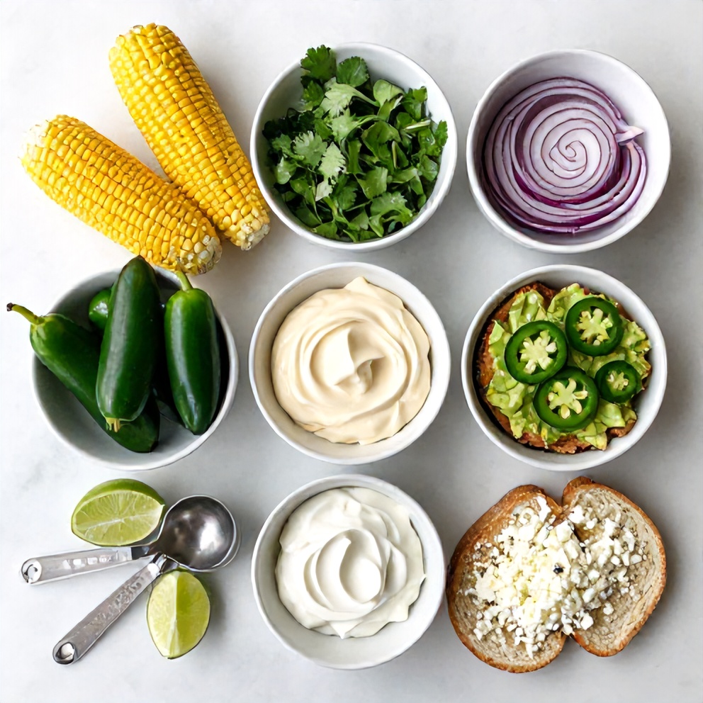 Raw ingredients for Mexican Street Corn Avocado Toast on a white marble surface