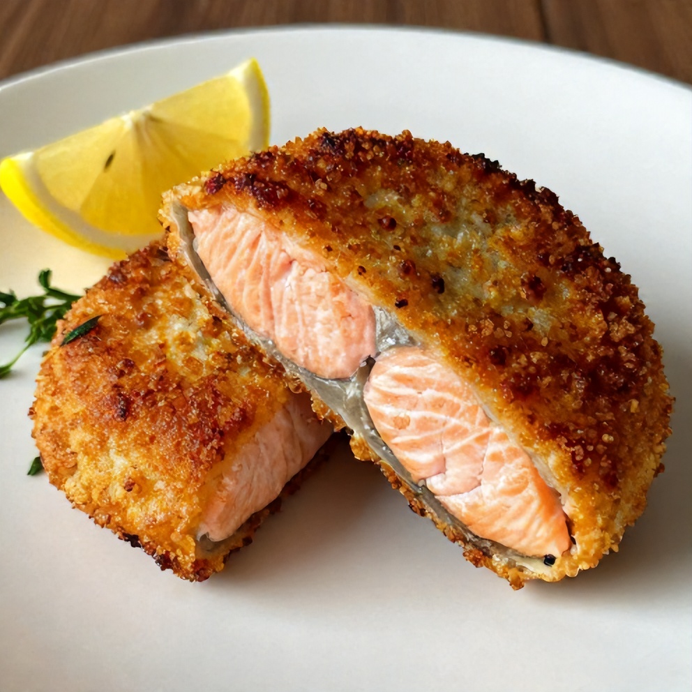 Plated salmon cake with lemon wedge and fresh herbs