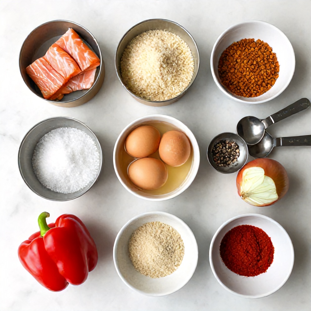 Raw ingredients for salmon cakes on a marble surface