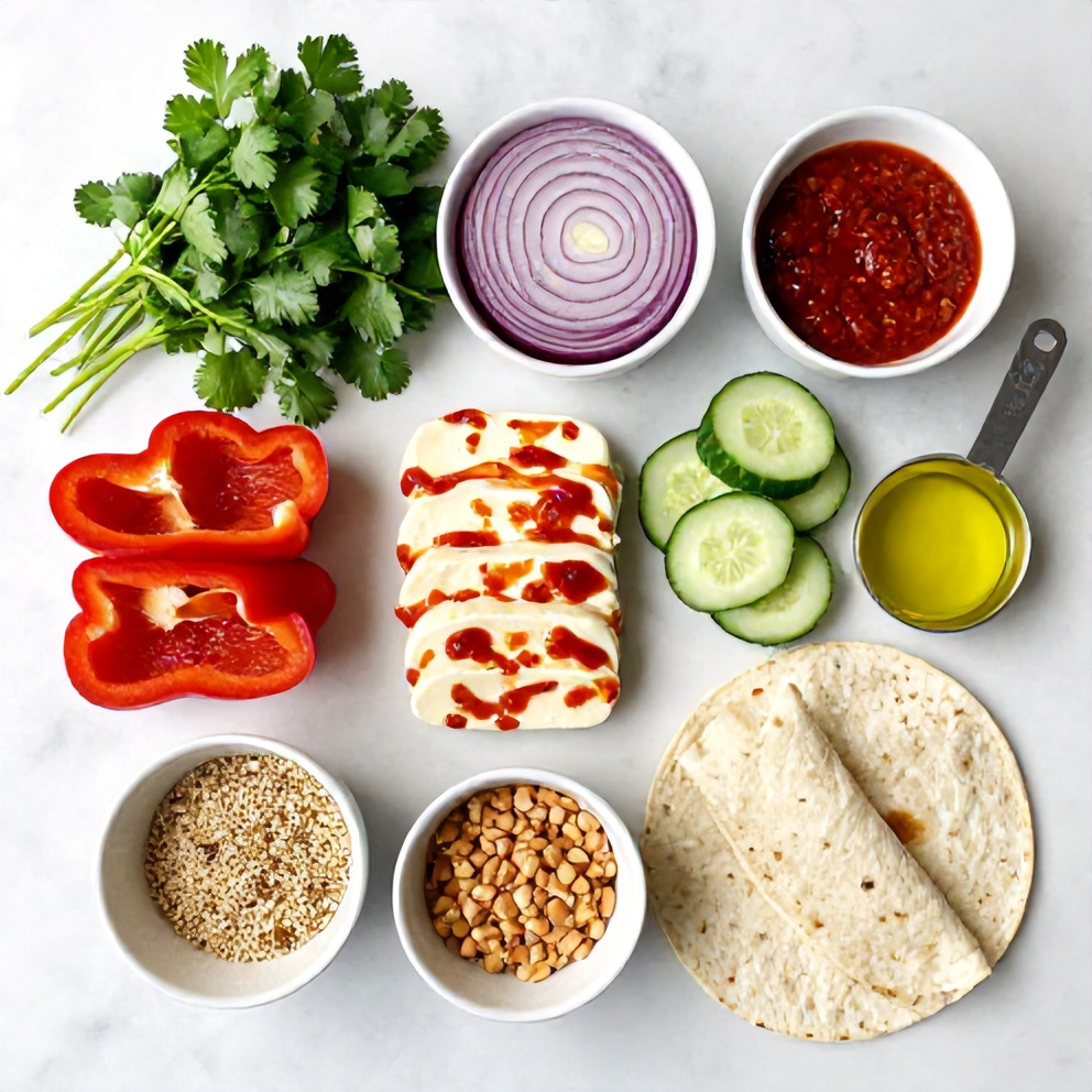 Raw ingredients for Sweet Chili Halloumi Wraps on a marble surface