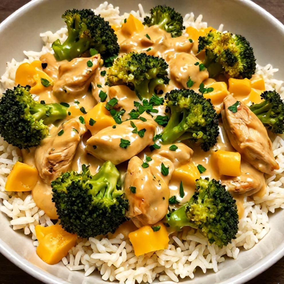 Plated crockpot broccoli cheddar chicken dinner with rice