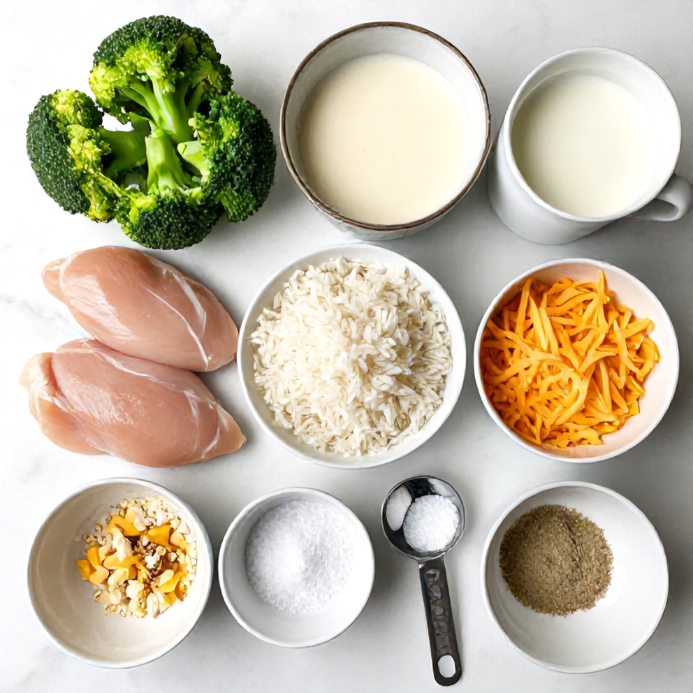 Raw ingredients for crockpot broccoli cheddar chicken dinner