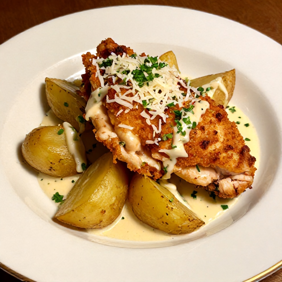 Plated Crockpot Garlic Parmesan Chicken and Potatoes