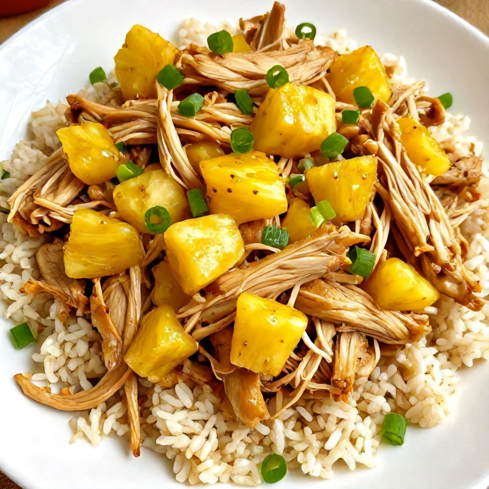 Plated serving of Easy Crockpot Hawaiian Chicken Recipe with Pineapple