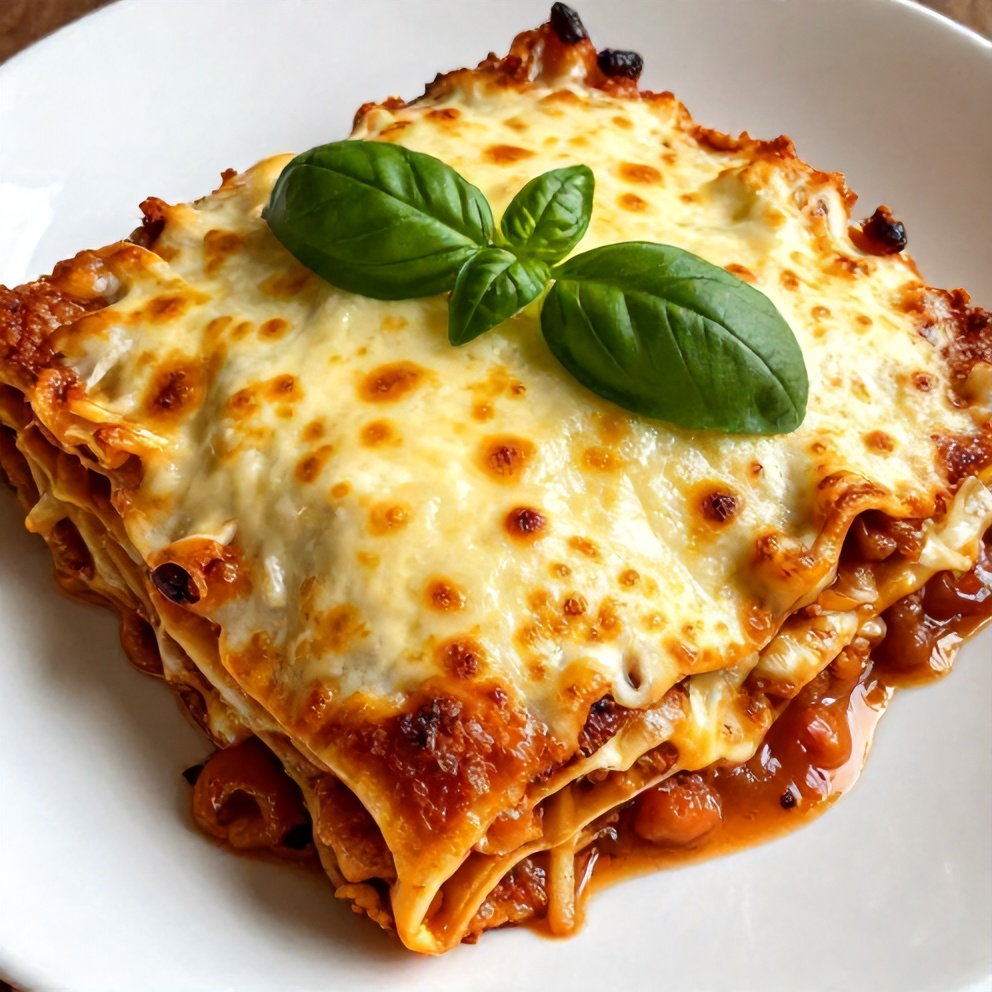 Perfectly plated serving of Easy Crockpot Lasagna with fresh basil