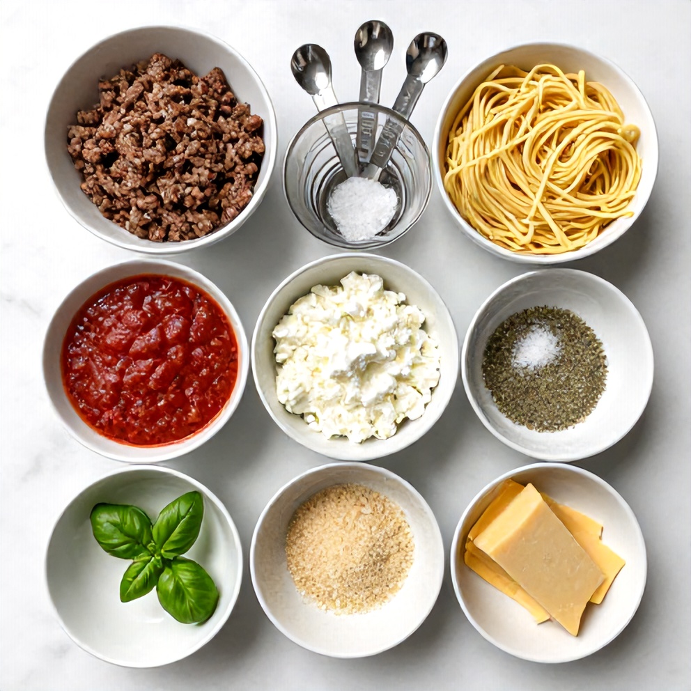 Raw ingredients for Easy Crockpot Lasagna arranged in an overhead flat lay