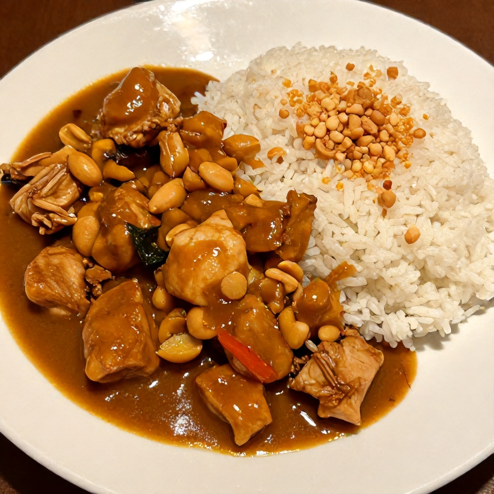 Plated Thai Peanut Chicken with steamed rice and crispy peanuts