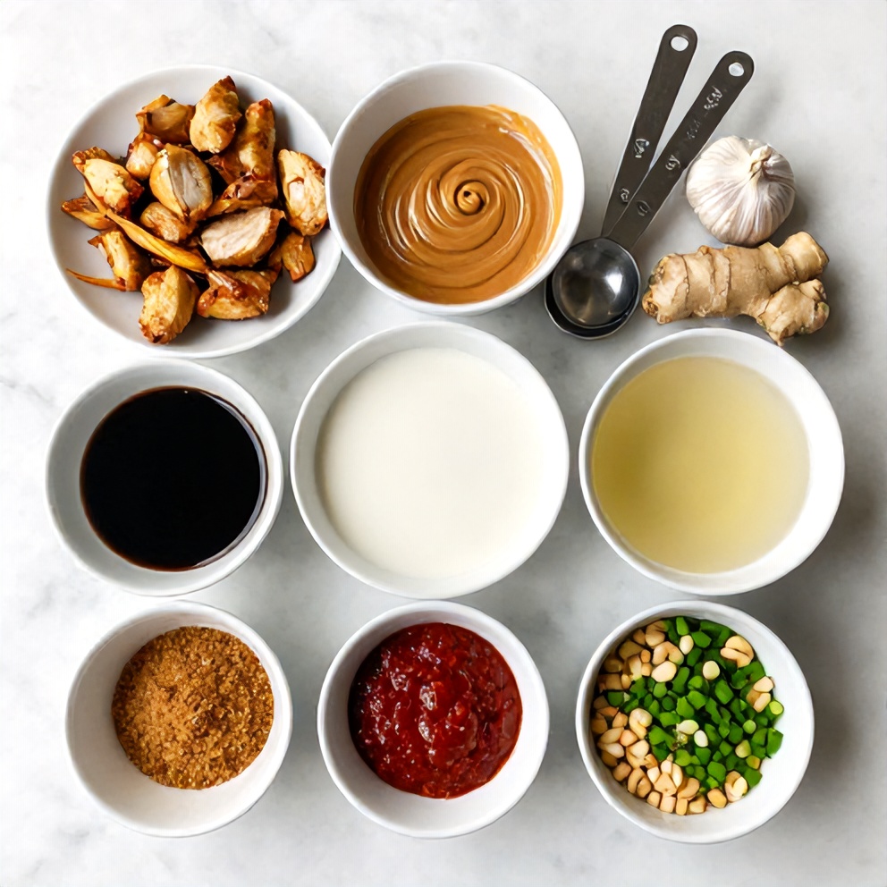 Thai Peanut Chicken ingredients: chicken, peanut butter, soy sauce, garlic, ginger, coconut milk, chicken broth, brown sugar, red curry paste, green onions, peanuts