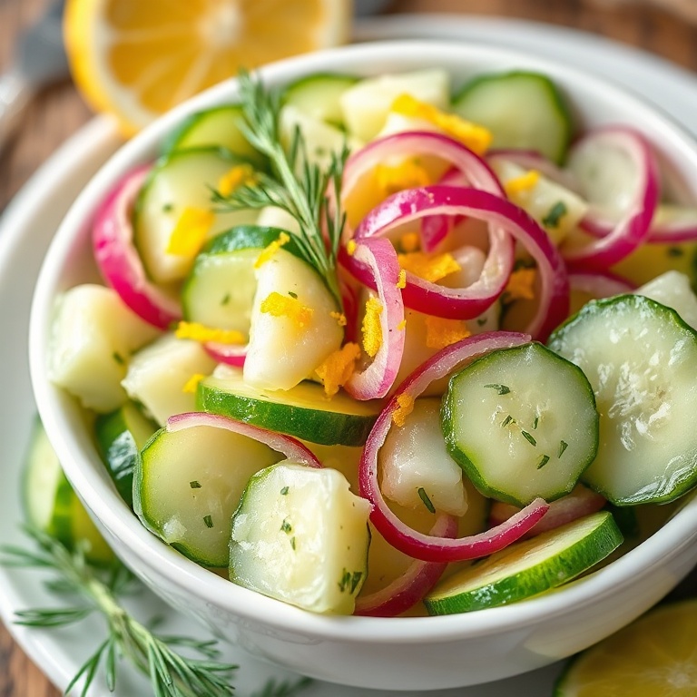 Plated cucumber and red onion salad in a shallow white ceramic bowl, garnished with lemon zest and fresh dill, on a dark slate surface.