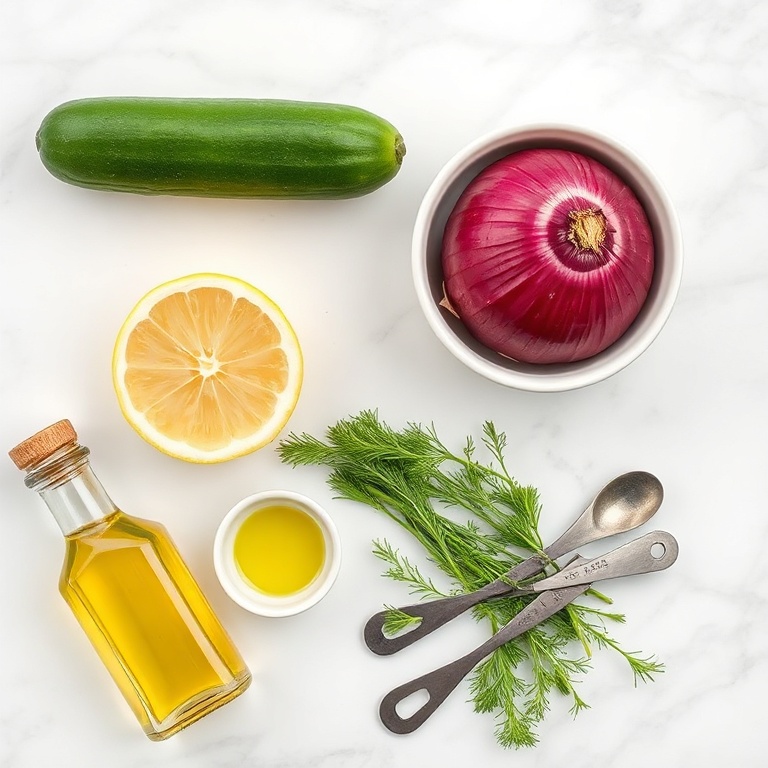Overhead flat lay of English cucumber, red onion, fresh dill, lemon, and extra virgin olive oil on white marble with small prep bowls and measuring spoons.