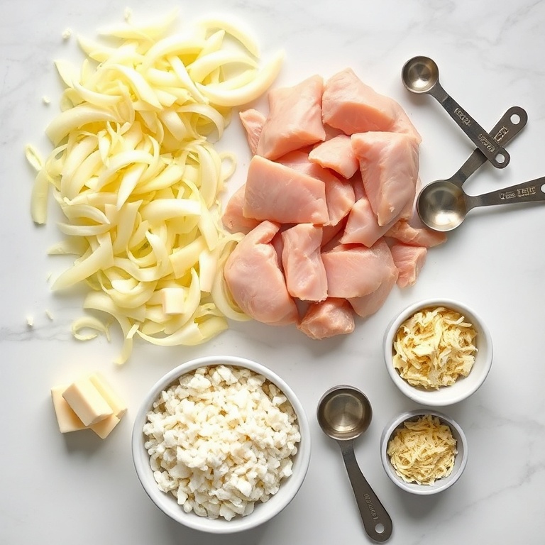 Raw ingredients for French Onion Chicken Rice Bake: boneless chicken breasts, yellow onions, long grain white rice, beef broth, gruyere cheese, and butter.