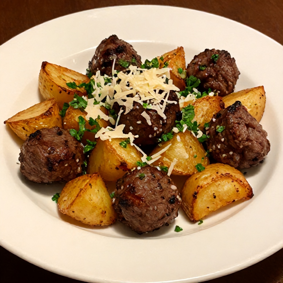 Plated garlic butter steak bites with crispy potatoes