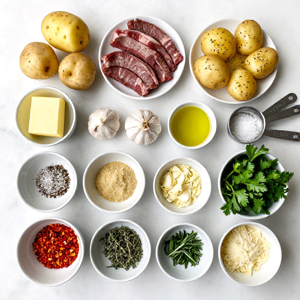Raw ingredients for garlic butter steak bites with potatoes