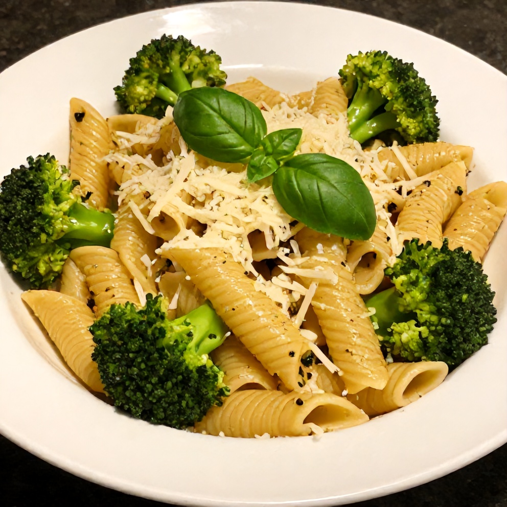 Garlic Parmesan Broccoli Pasta plated with grated parmesan and fresh basil