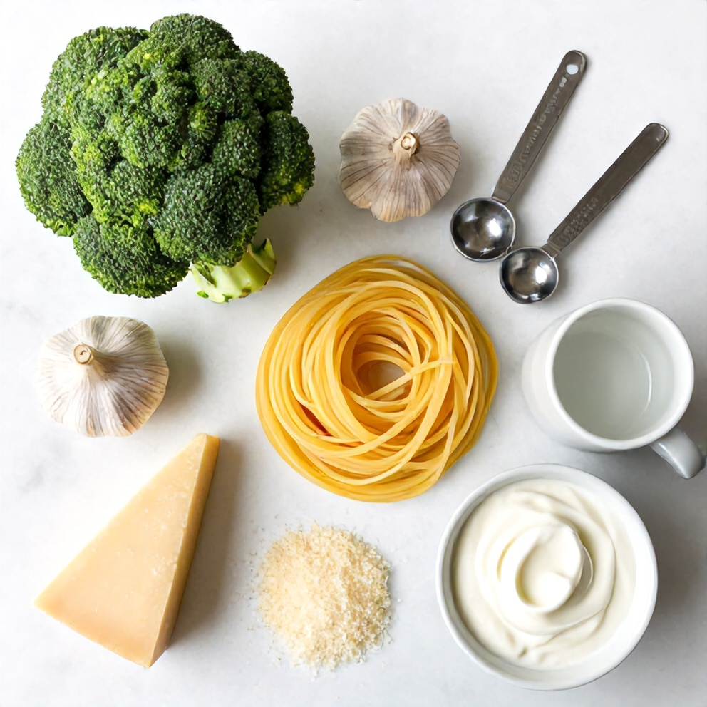 Ingredients for Garlic Parmesan Broccoli Pasta: broccoli, garlic, pasta, parmesan, heavy cream