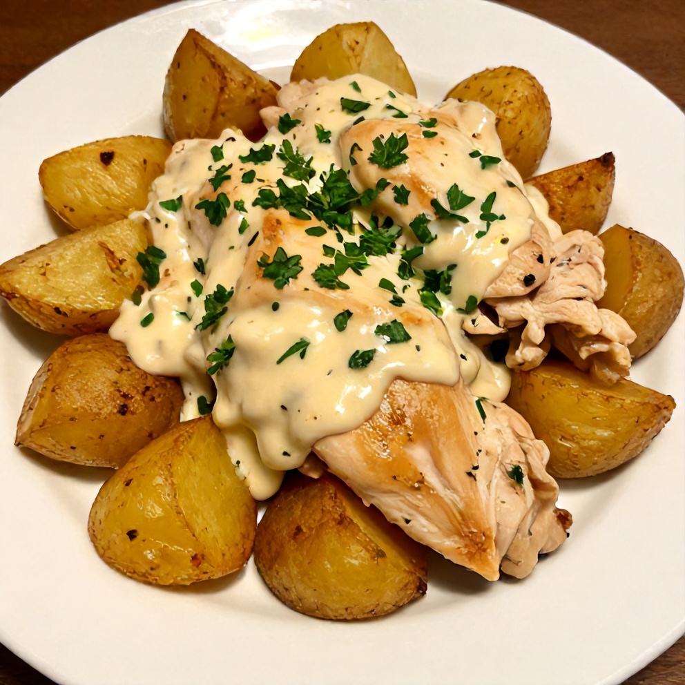 Plated garlic parmesan chicken and potatoes crockpot dinner