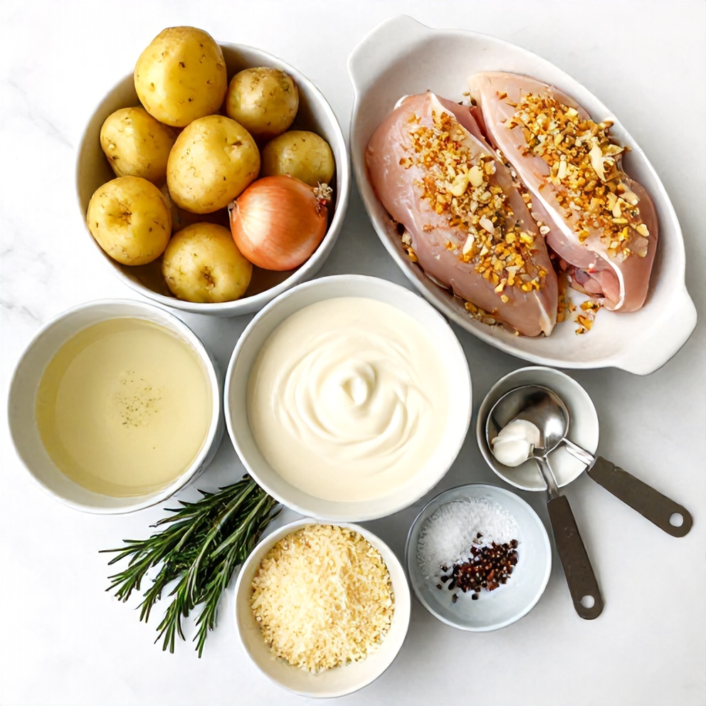 Raw ingredients for garlic parmesan chicken and potatoes crockpot