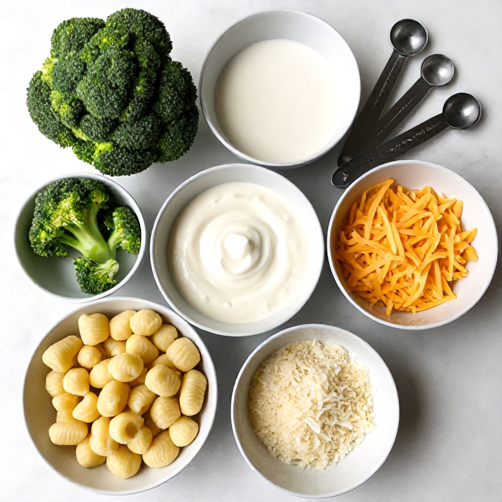 Raw ingredients for gnocchi and broccoli bake