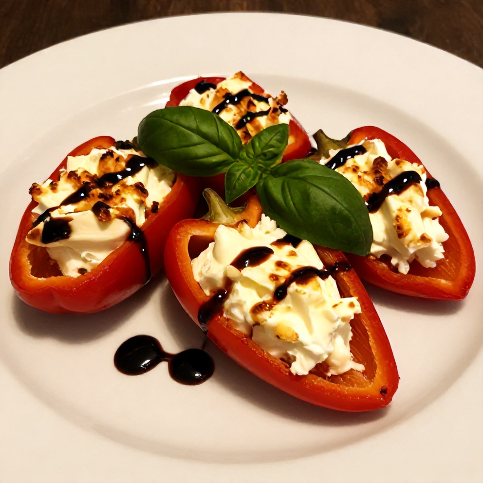 Plated goat cheese stuffed mini peppers on a white plate