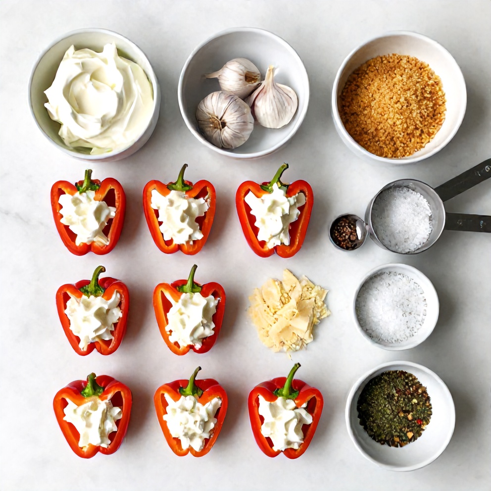 Raw ingredients for goat cheese stuffed mini peppers on a white marble surface