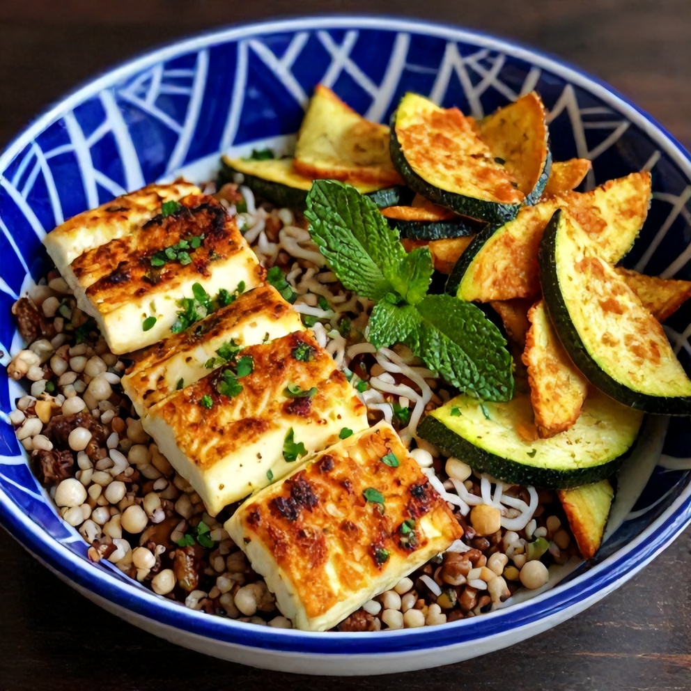 Greek Grain Bowl with Halloumi and Zucchini Crisps