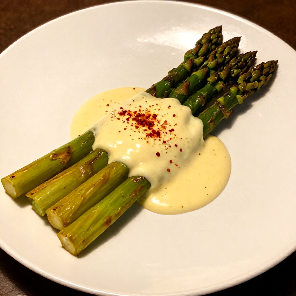 Plated grilled asparagus with tahini lemon sauce