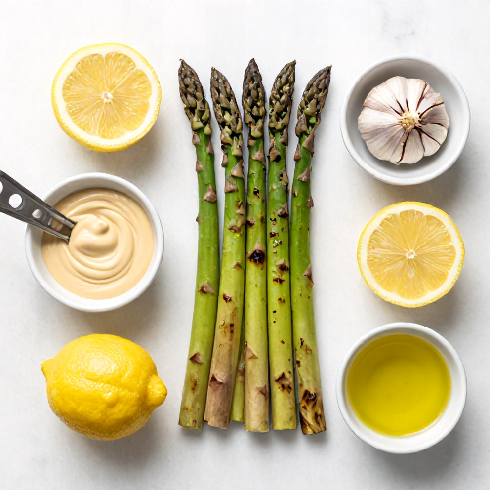 Raw ingredients for grilled asparagus with tahini lemon sauce