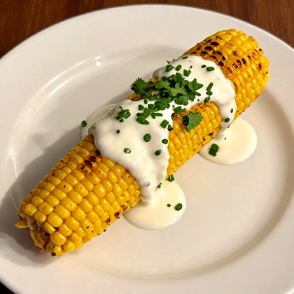 Plated grilled corn with chili lime yogurt sauce