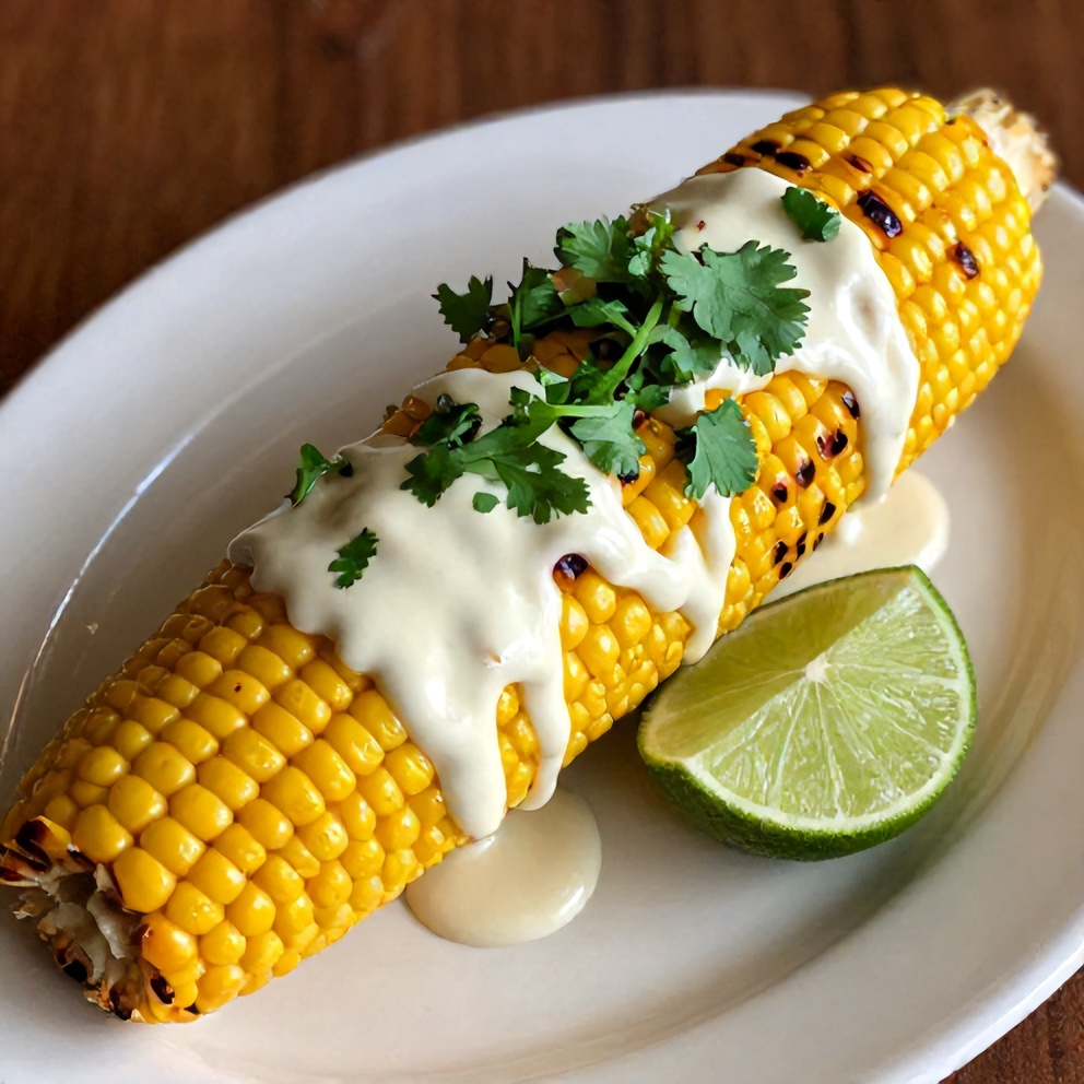 Plated Grilled Mexican Street Corn with Fresh Cilantro and Lime
