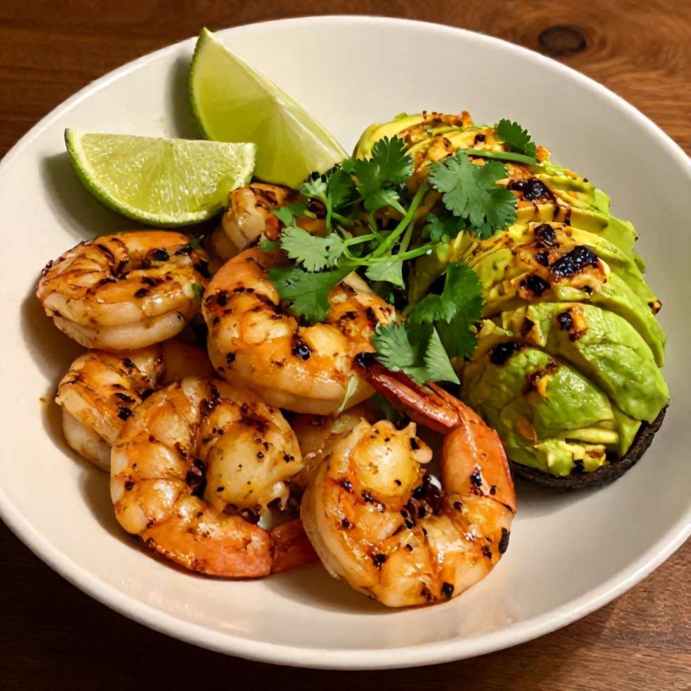 Grilled Shrimp and Avocado Bowl plated with garnish