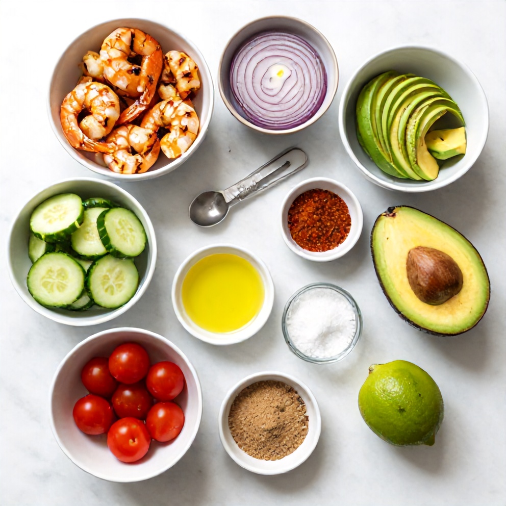 Raw ingredients for Grilled Shrimp and Avocado Bowl