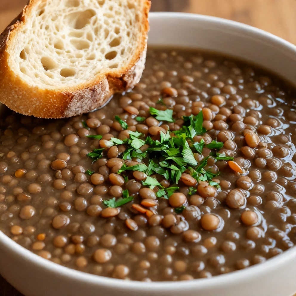 Bowl of lentil soup with crusty bread
