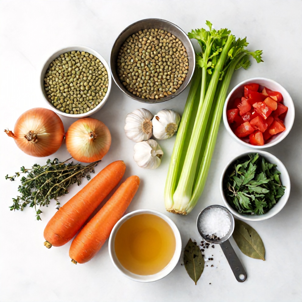 Raw ingredients for lentil soup