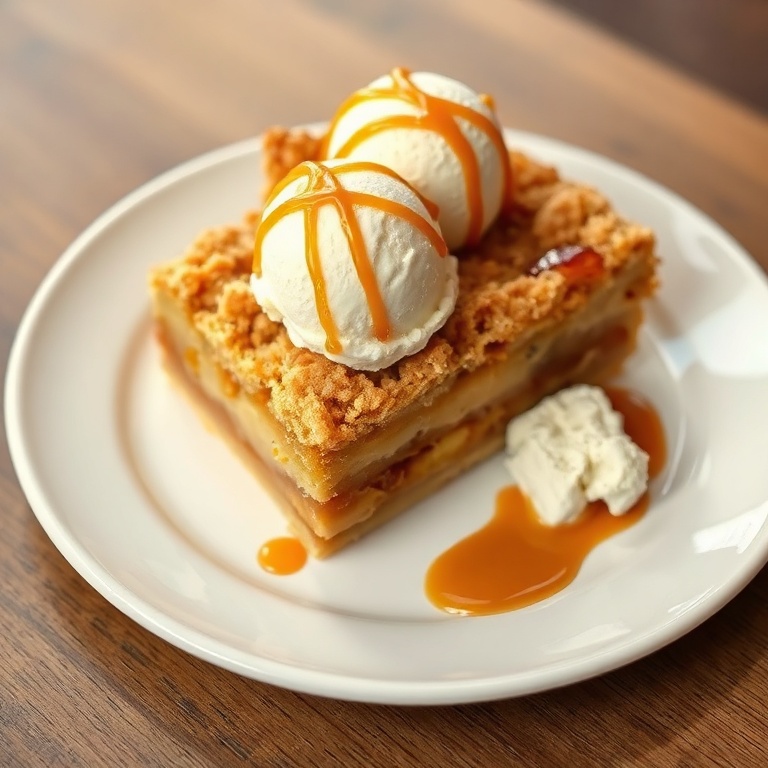 Slice of apple pie cake with cinnamon crumble on ceramic dessert plate, garnished with vanilla ice cream
