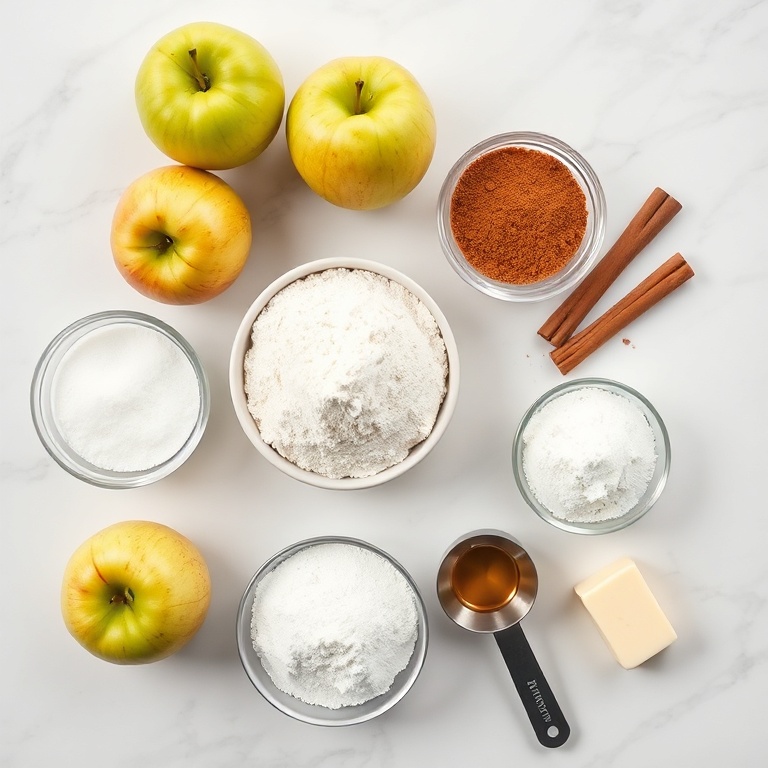 Fresh apples, all-purpose flour, brown sugar, cinnamon, butter, eggs, and baking powder arranged on white marble