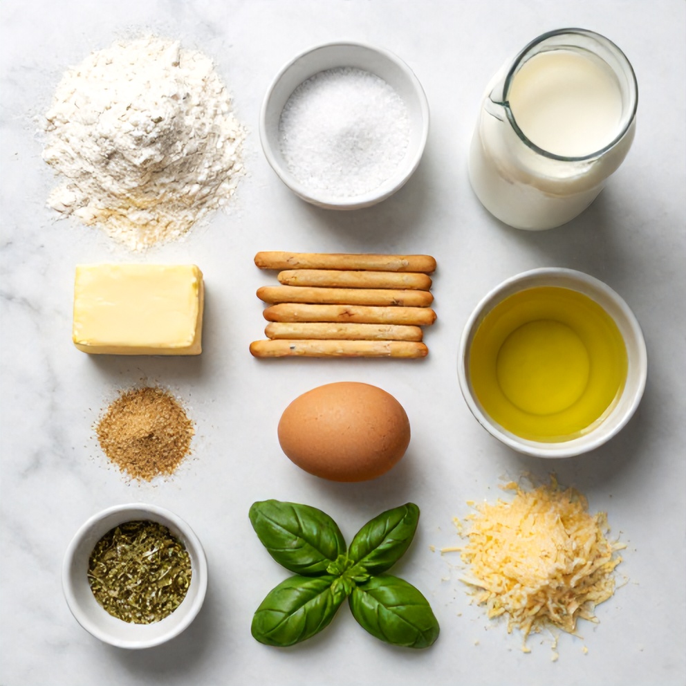 All ingredients for homemade Olive Garden breadsticks on a marble surface