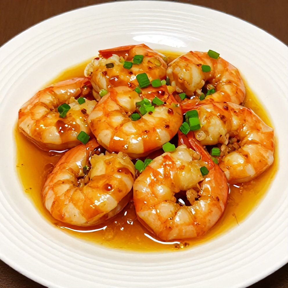 Plated Honey Garlic Shrimp with green onions