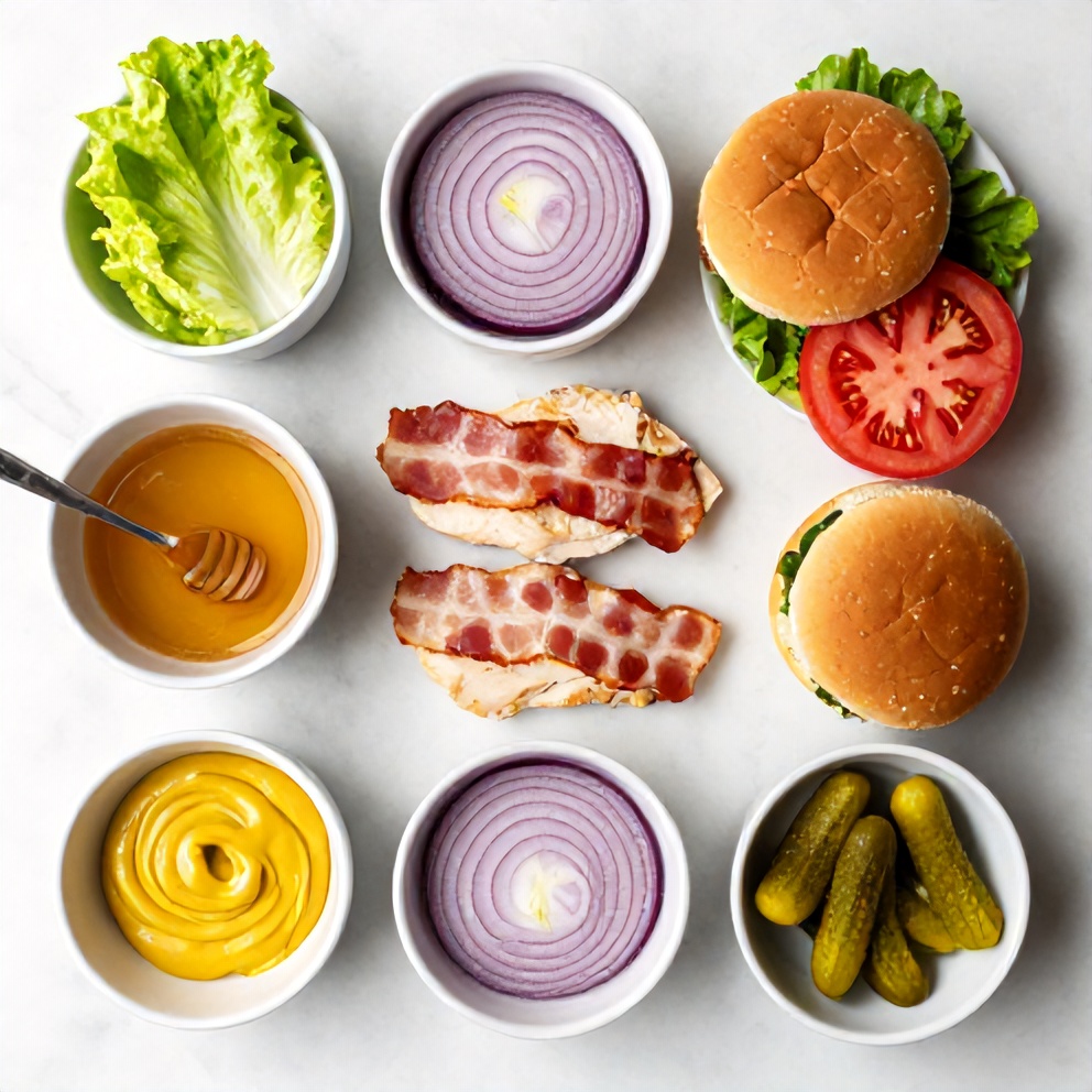 Raw ingredients for Honey Mustard BLT Chicken Sliders laid out
