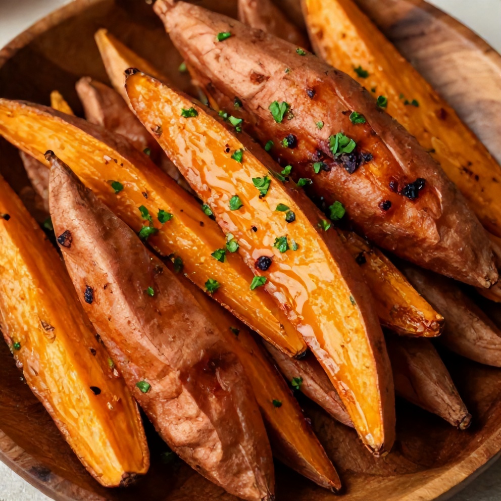 Plated honey roasted sweet potatoes with a sprinkle of fresh parsley