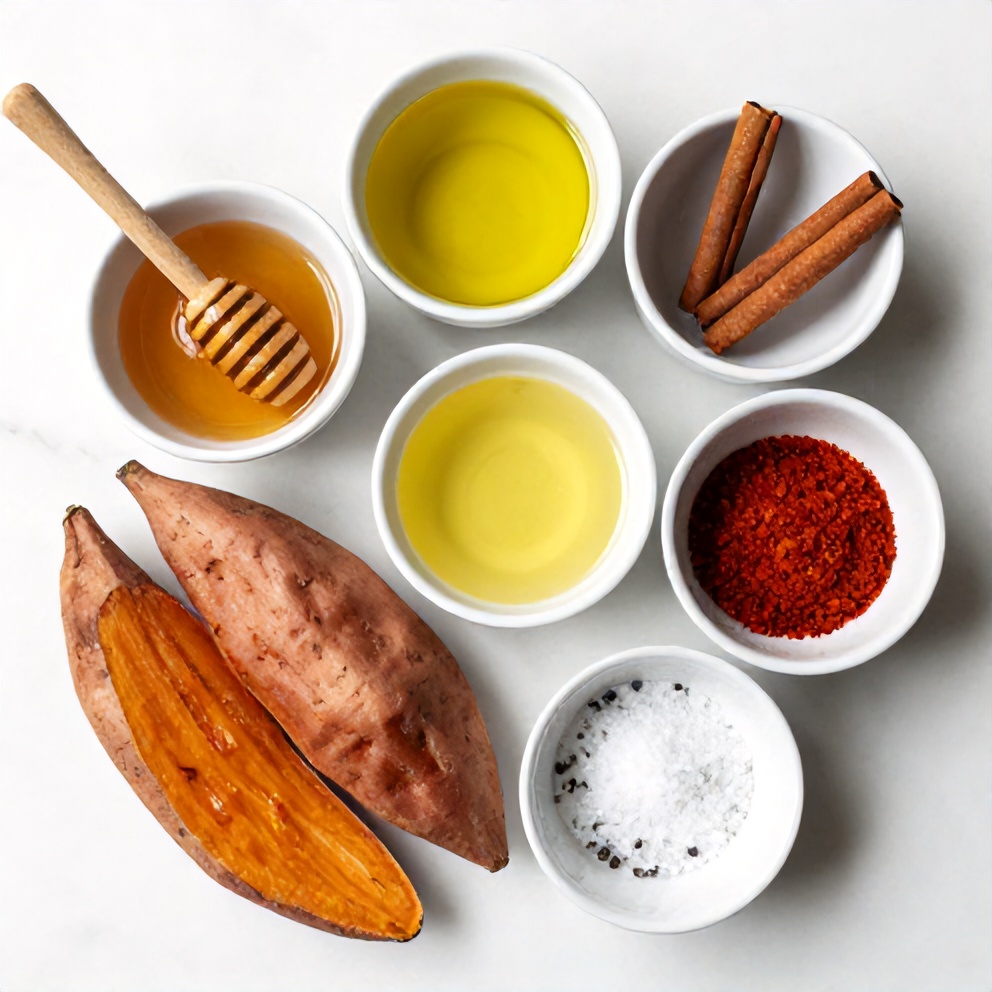 Raw ingredients for honey roasted sweet potatoes: sweet potatoes, honey, olive oil, cinnamon, paprika, salt, and pepper