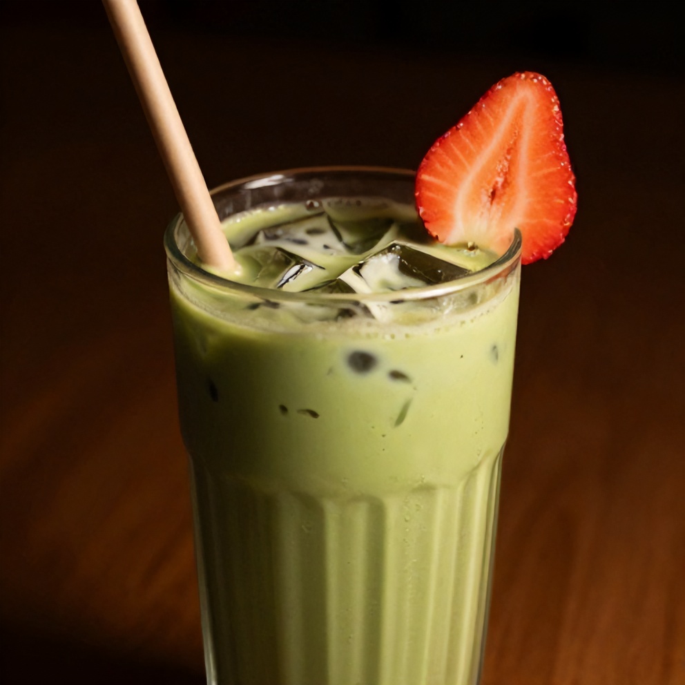Iced Matcha Strawberry Latte with a straw and a slice of strawberry