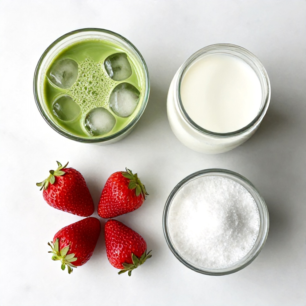 Matcha, strawberries, milk, sugar, and ice arranged on a wooden surface