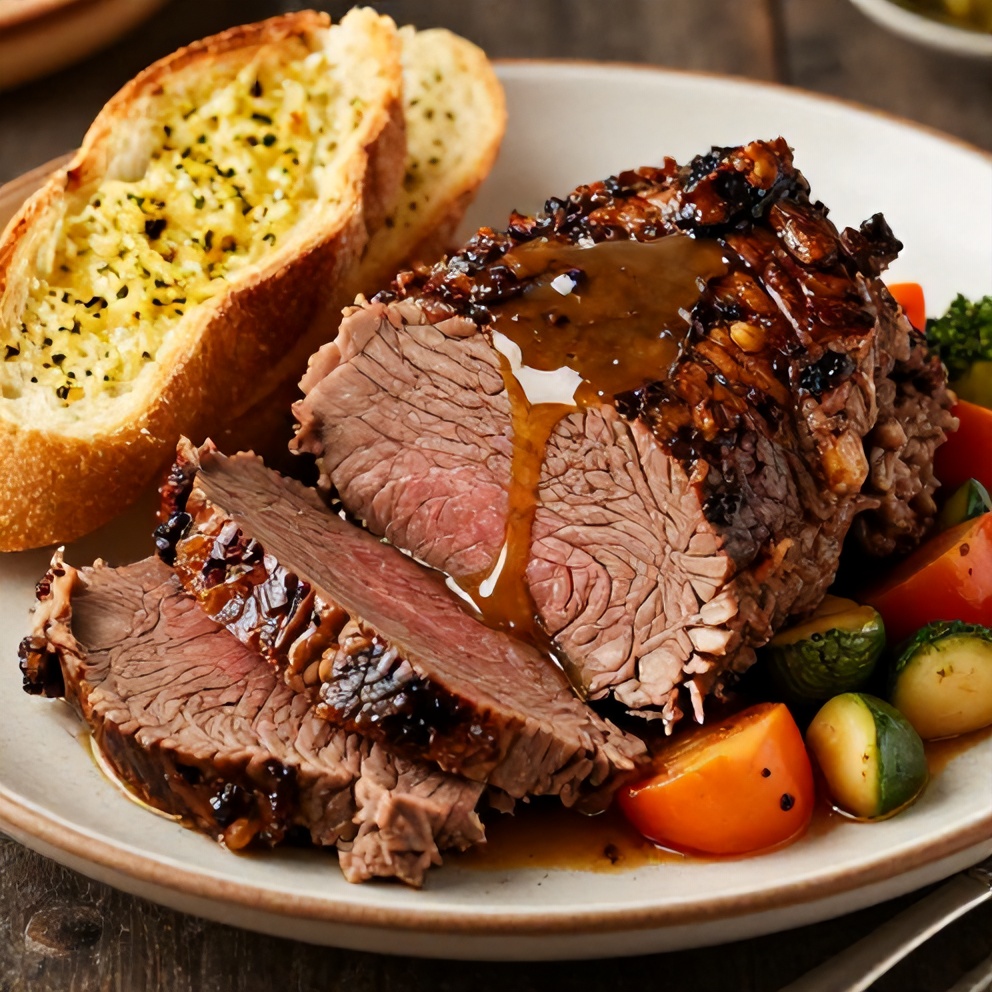Plated Easy Italian Pot Roast with garlic bread