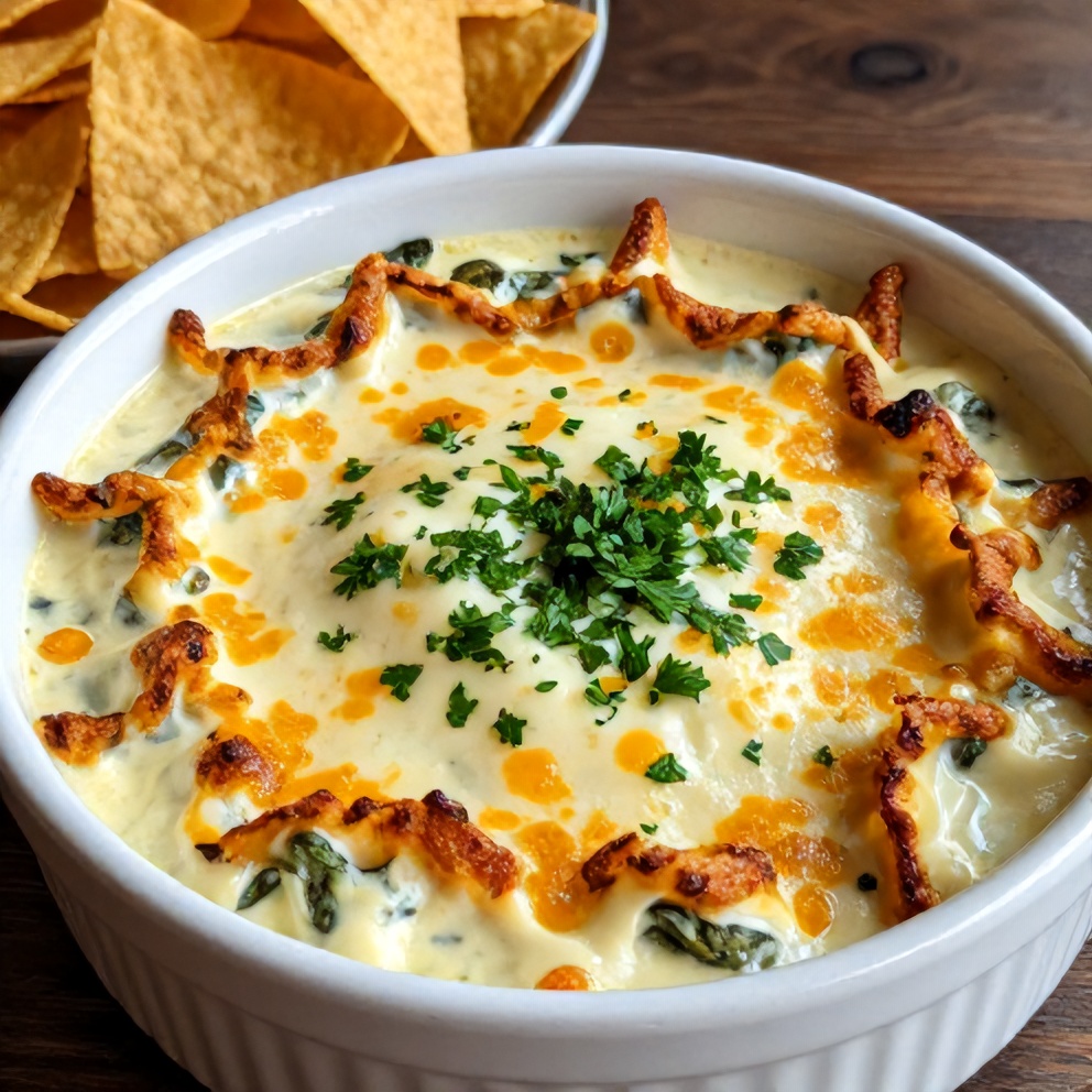 Jalapeño Spinach Artichoke Dip served with tortilla chips