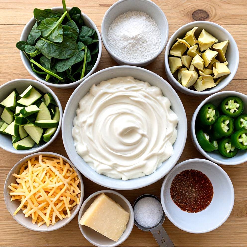 Raw ingredients for Jalapeño Spinach Artichoke Dip on a wooden surface