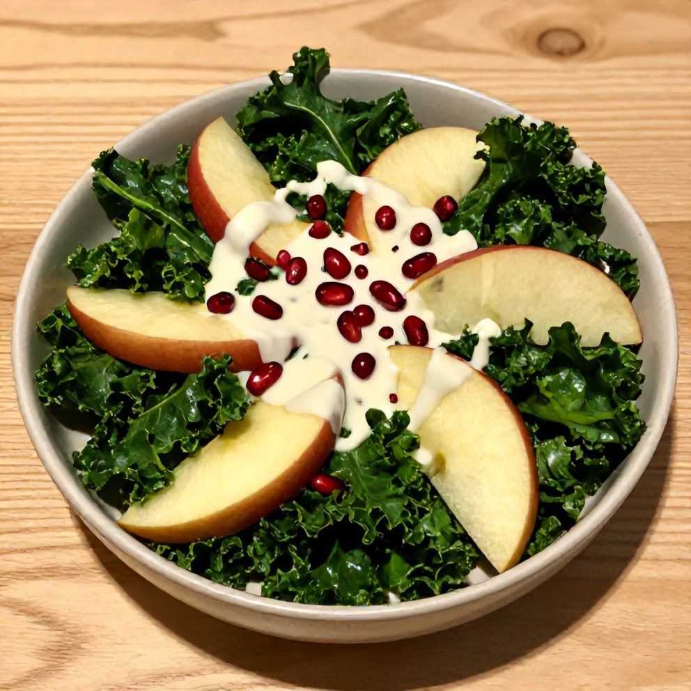 Plated kale apple salad with lemon tahini dressing