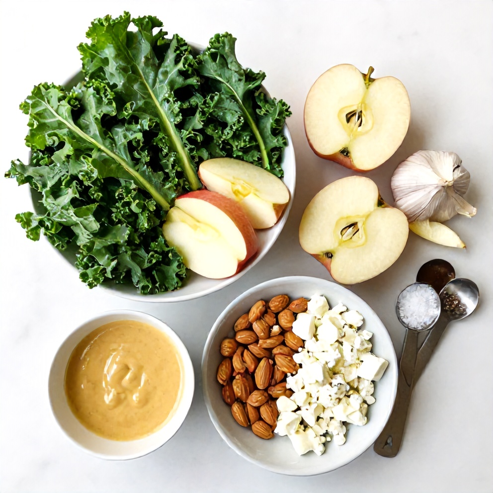Raw ingredients for kale apple salad
