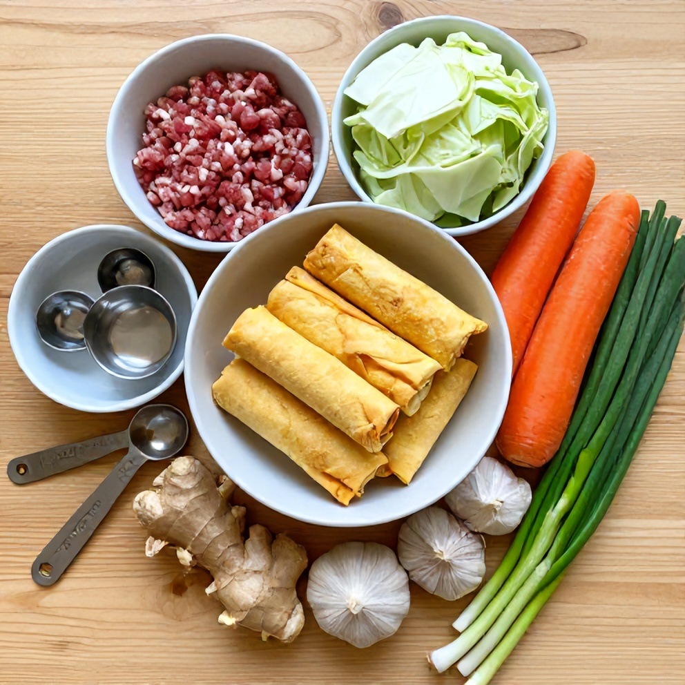 Raw ingredients for Keto Egg Roll in a Bowl on a wooden surface