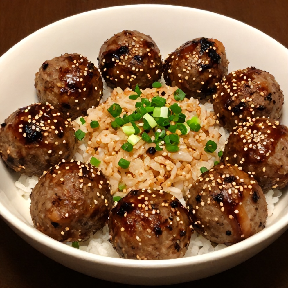 Korean BBQ Meatball Rice Bowl with green onions and sesame seeds