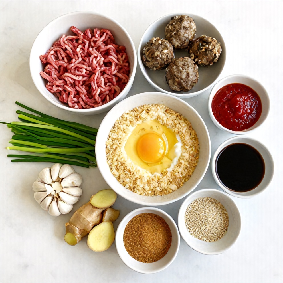 Raw ingredients for Korean BBQ Meatball Rice Bowls on a marble surface